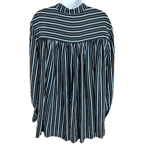 CO Striped Silk Crepe De Chine Shirt Sz XL Blue Button Front Band Collar Blouse - Picture 9 of 12